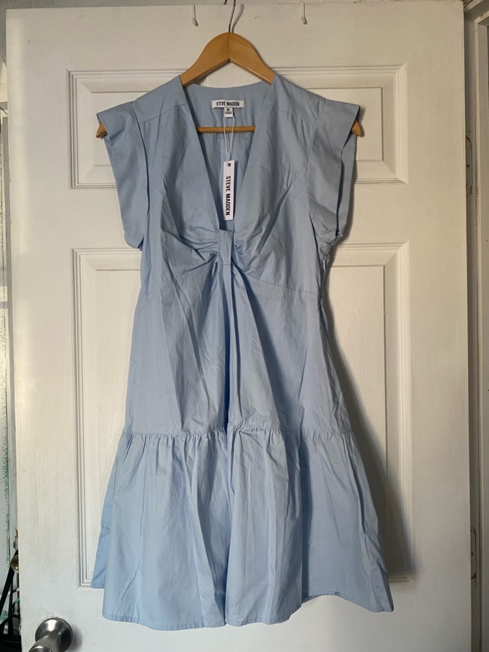 Steve Madden Pale Blue V-Neck Tiered Cotton Mini Dress